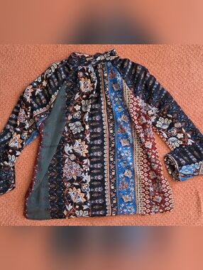 Boho Paisley Patchwork Mock Neck Top - Black, Blue, Burgundy